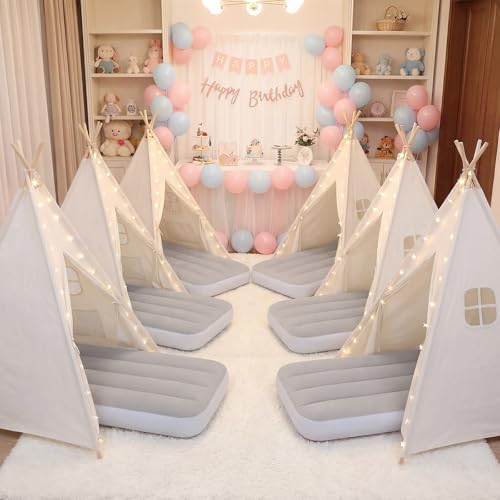 wilwolfer 6 Pack Kids Teepee Tent Bulk with Inflatable Airbed & Light, Natural Toddler Play Tent for Girls Boys Indoor Sle...