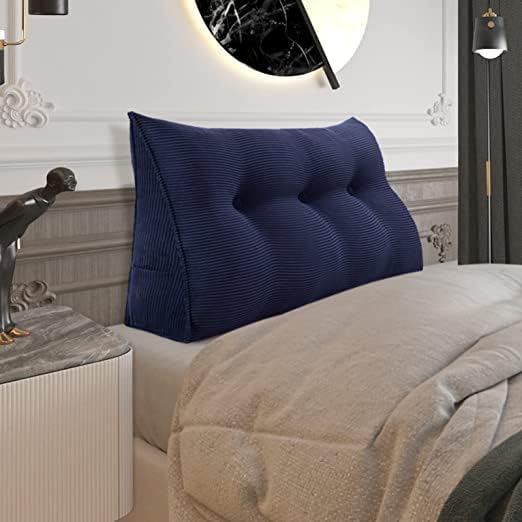 Wedge Headboard Pillow Dorm Room Reading Pillow Back Support for Sitting Up in Bed Bolster Lumbar Cushion Body Positioning Bedrest Corduroy (Navy Blue, Twin (39 * 8 * 20in))