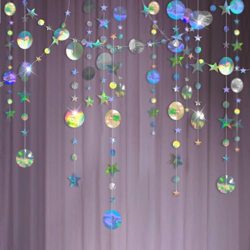 Cheerland Iridescent Party Decorations Holographic Star Garland Hanging Stars Moon Streamer Galaxy Birthday Decoration Ram...