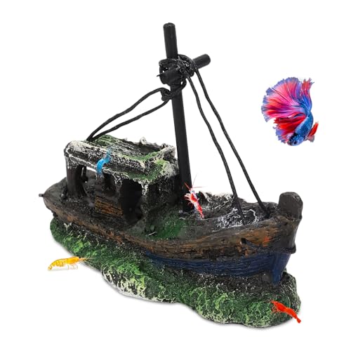 Hygger CO2 Small Boat Aquarium Decorations Resin - Sunken Shipwreck Fish Tank Ornament for Aquatic Adventure Scene-Approx....