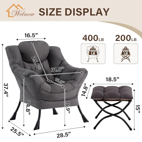 Welnow Lazy Chair with Ottoman, Modern Lounge Accent Chair with Armrests and a Side Pocket, Leisure Sofa Armchair, Reading...
