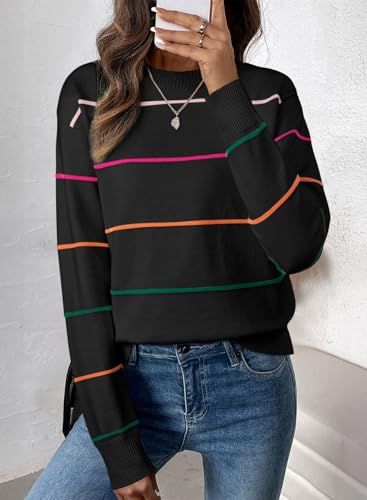SHEWIN Womens Sweaters Crew Neck Knit Long Sleeve Striped Sweater Fall Outfits for Women 2025