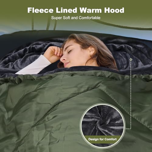 AGEMORE Cotton Flannel Sleeping Bag with Fleece Lined Hood, Waterproof XL Sleeping Bag for Adults, for Cold Weather Campin...