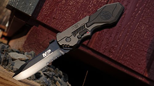 Smith & Wesson SWMP4LS 8.6in S.S. Assisted Folding Knife with 3.6in Serrated Clip Point Blade and Aluminum Handle for Outd...