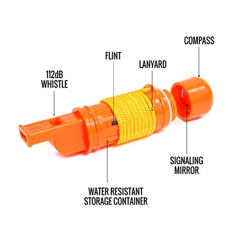 SE 5-in-1 Orange Survival Whistle with Compass, Signaling Mirror, Lanyard, and Fire Starter - 112dB, 4.5-Inch Length - Ide...