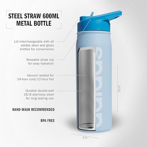 adidas 600 ML (20 oz) Straw Top Metal Water Bottle, Hot/Cold Double-Walled Insulated 18/8 Stainless Steel