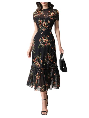 Verdusa Women's Floral Ruffle Mesh Slimming Dress Vintage Elegant Wedding Guest Dress