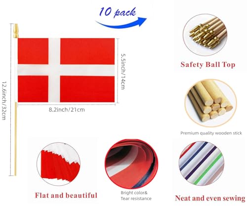 10 Pack Denmark Flags - DK Handheld Flag- 5x8 in,Danes Mini Flag. Suitable For Party Decorations, Store Displays, Bar Deco...