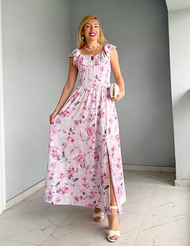 GRACE KARIN 2025 Womens Maxi Dresses Summer Off Shoulder Floral Dress Ruffle Split Beach Flowy Boho Wedding Guest Dress