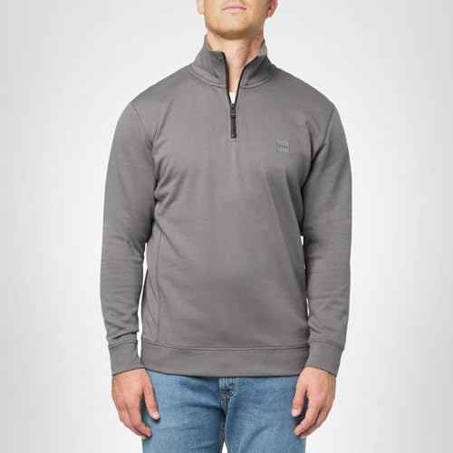 BOSS Patch Logo French Terry Quarter Zip Up Sweatshirt,mushroom grey,S