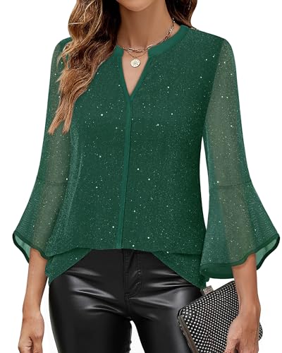 VALOLIA Women's 3/4 Sleeve Dressy Blouses Shirts Casual Loose Fit Mesh Layered Flowy Tunic Tops