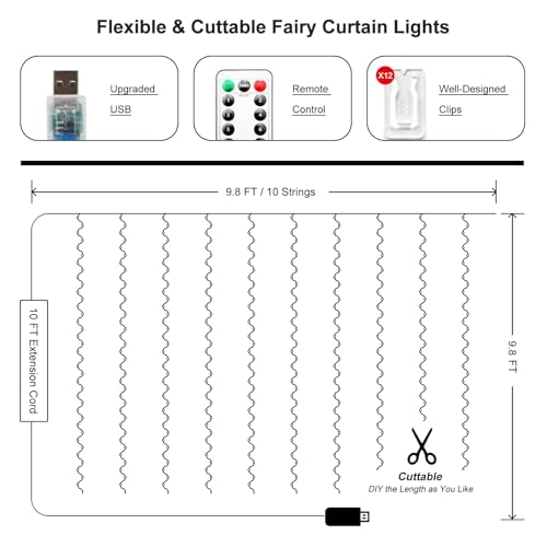 HOLITS 300 LED Fairy Curtain Lights, 9.8 x 9.8FT Warm White USB Plug in 8 Modes Hanging Lights with Remote for Christmas, ...