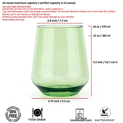KX-WARE Unbreakable 16-ounce Acrylic Stemless Wine Glasses All Purpose Plastic Tumbler, set of 6 Multicolor Dishwasher Saf...