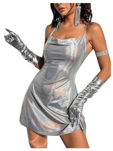 WDIRARA Women's Metallic Criss Cross Backless Cowl Neck Flare Sexy Party Mini Dress