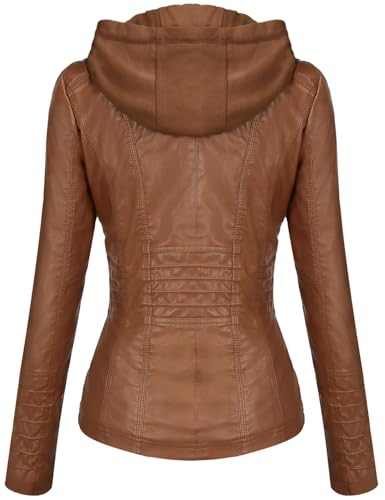 Tanming Womens Faux Leather Jacket Hooded Moto Biker Coat Outerwear Fall Fashion Outfits Winter Clothes