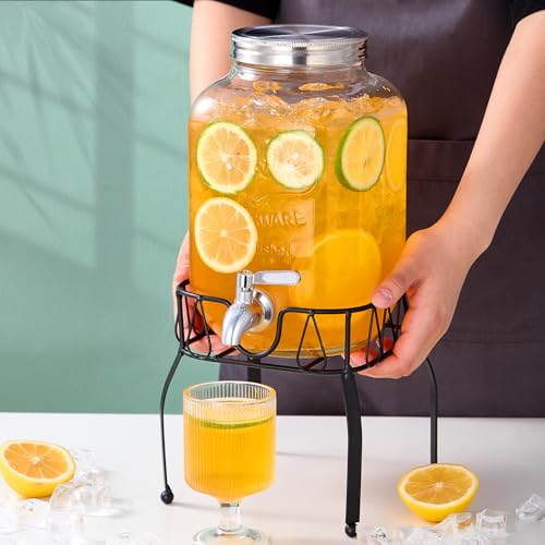 2 Gallon Glass Beverage Dispenser with Stand, Stainless Steel Spigot and Lid, Glass Drink Dispensers for Parties, Drink Di...
