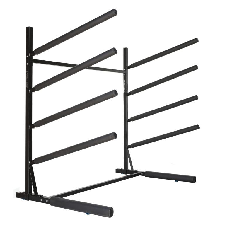 SPAREHAND 4-Tier Paddle Board Storage Rack – Heavy Duty Aluminum Freestanding SUP Organizer with Bonus Base Storage – Easy...