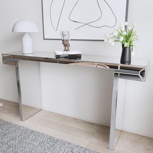 Henf Mirror Console Table for Living Room, 60 Inches Narrow Entryway Table Luxury Sofa Table Glass Hallway Accent Tables for Living Room, Entrance (Silver)