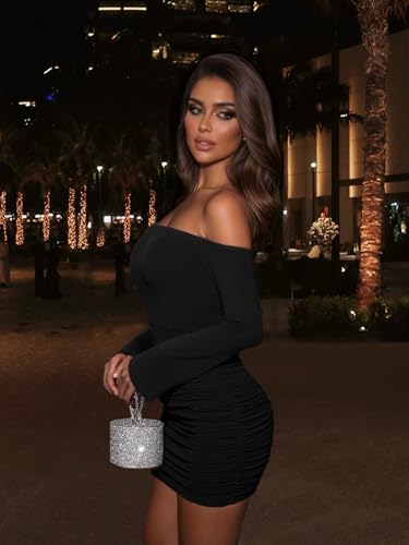 Women's Off Shoulder Bodycon Mini Dress Elegant Long Sleeve Ruched & Ribbed Tight Fit Clubwear for Cocktail Party,Date Night