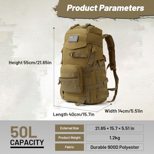 AUMENTAR 50L Tactical Backpack for Men and Women, Water-Resistant Molle Rucksack, Large Military Assault Pack for Hiking, ...