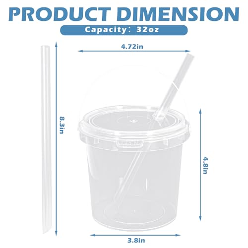 FYSUIMU 50Pcs Clear Plastic Cups with Lids & Straws 32 Oz Drink Bucket with Handle Disposable Cocktail Pails for Beach Poo...