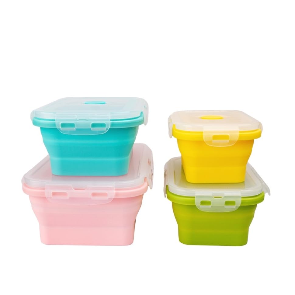 CozyKit Set of 4, Collapsible Silicone Food Storage Container, Leftover Meal Box for Kitchen, Lunch Boxes with Clip-on Li...