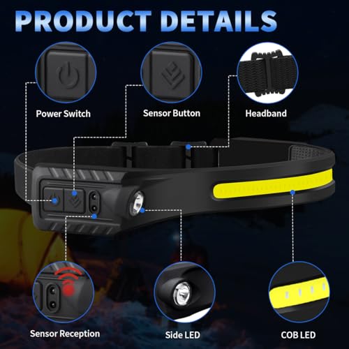 Headlamp Rechargeable 5Pack, 230° Wide Beam Head Lamp with 2 Spotlights, LED Headlamp with Motion Sensor, 5Mode Rechargeab...