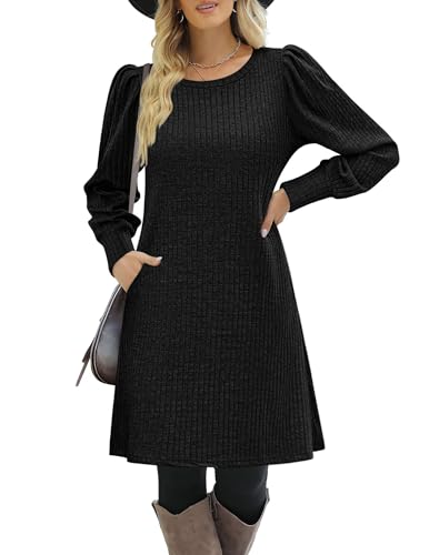 Zeagoo Women's Knit Dress with Puff Sleeves for Fall & Winter - Round Neck Casual Tunic Dress