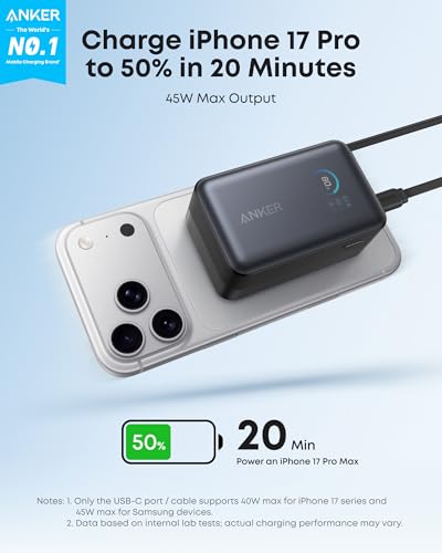 Anker Nano Portable Charger, 10,000mAh 45W Max Compact Power Bank, Travel Essential Phone Battery Pack with 2.3 ft InstaCo...