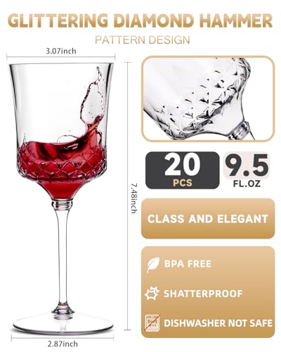 supernal 20pcs Plastic Wine Glasses - 10oz Clear Crystal Wine Cups with Stem- Clear Hard Plastic Durable Premium Quality 3...