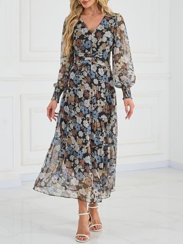 ANRABESS Womens Floral Long Sleeve Maxi Dress V Neck Chiffon Flowy Boho A-Line 2026 Spring Wedding Guest Party Wrap Dresses