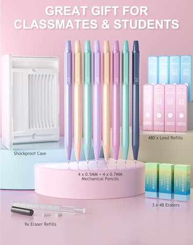 Ponditni 20PACK Mechanical Pencil, 8Pcs 0.5 0.7mm Mechanical Pencils Set With Eraser and 480 Pcs Refills, Cute Colored Pre...