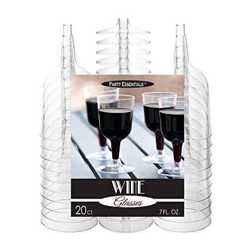 Party Essentials Disposable Hard Plastic Two Pieces Wine Glasses, 20-Count, 7-Ounce, Clear