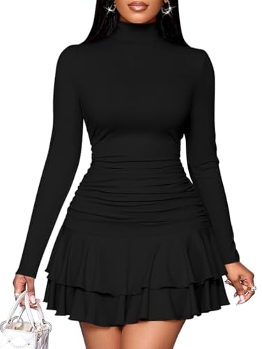 LAGSHIAN Women's High Neck Ruffle Hem Mini Dress Long Sleeve Ruched Short Club Party Dresses