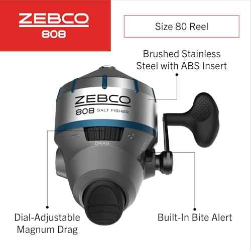 Zebco 808 Saltwater Spincast Reel and Fishing Rod Combo, 7-Foot 2-Piece Fishing Pole, Size 80 Reel, Changeable Right- or Left-Hand Retrieve, Pre-Spooled with 20-Pound Zebco Line, Black