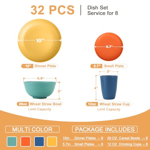 Homienly Dinnerware Set 32-Piece Wheat Straw Dinnerware Sets Unbreakable Reusable Dinnerware Set Kitchen Cups Plates and B...