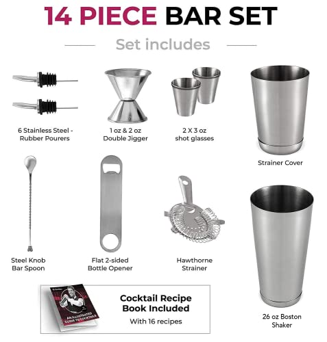 Expert Cocktail Shaker Home Bar Set - 14 Piece Stainless Steel Bar Tools Kit with Shaking Tins, Flat Bottle Opener, Double...