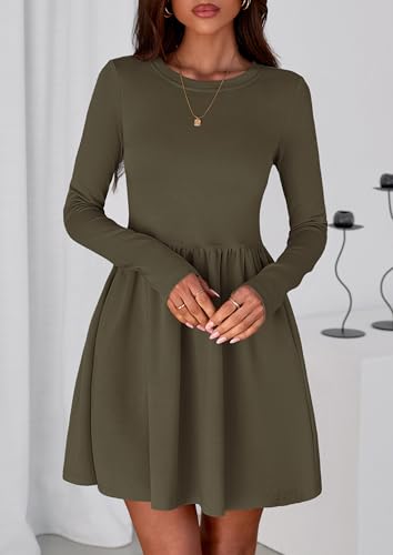 PRETTYGARDEN Women's Long Sleeve Mini Dresses 2025 Fall Casual Crewneck Pleated A Line Party Cocktail Short Dress with Pocket