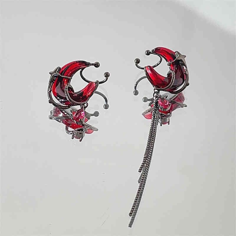KURTCB Gothic Moon Earrings Necklace Goth Vampire Blood Moon Thorns Huggie Earring Necklacee Witch Costume Asymmetrical Dangle Drop Earring Jewelry for Women (Earrings)