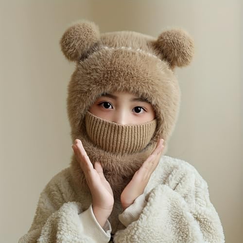 1pc Khaki Winter Hat, Scarf & Mask Combo - Warm Plush Balaclava with Ear Protection, Snow Gear, Cold Weather Gear, Cozy Ma...