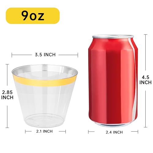 I00000 200 Pack Gold Plastic Cups, 9 Oz Elegant Clear Plastic Cups Gold Rimmed Disposable Wine Glasses Fancy Disposable Pa...