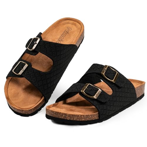 PRIMNICE Women's Comfy Arch Support Cork Footbed Adjustable Knitting Straps Indoor and Outdoor Slides Sandals
