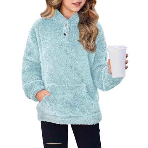Arshiner Girls Hoodie Sherpa Fleece Pullover Hooded Sweatshirt for Girl Button Up Casual Outerwear Coat With Pockets
