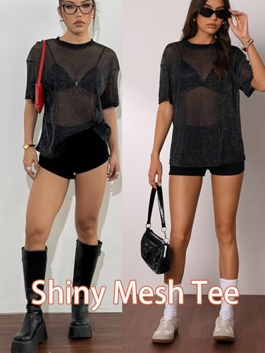OYOANGLE Women's Sparkle Glitter Sheer See Through Top Short Sleeve Loose Casual Shiny Tshirt Mesh Shirt Blouse