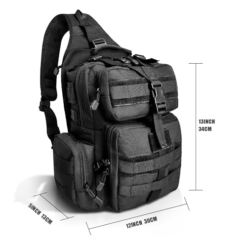ALVOD Molle Assault Shoulder Bag, Military Crossbody Sling Backpack for Men, Outdoor Hiking Camping Rucksack Sling Bag（Black）