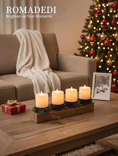 Romadedi Wood Candle Holders Christmas - Farmhouse Pillar Candle Holder with Mini Wreaths Xmas Dining Table Centerpiece De...