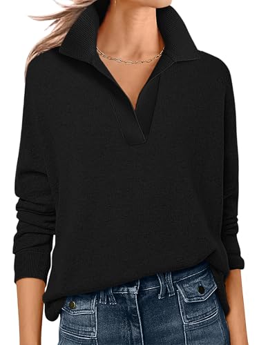 ANRABESS Womens Polo V Neck Long Sleeve Sweaters Lightweight Dressy Casual Business Basic Knit Pullover Top 2025 Fall Outfits