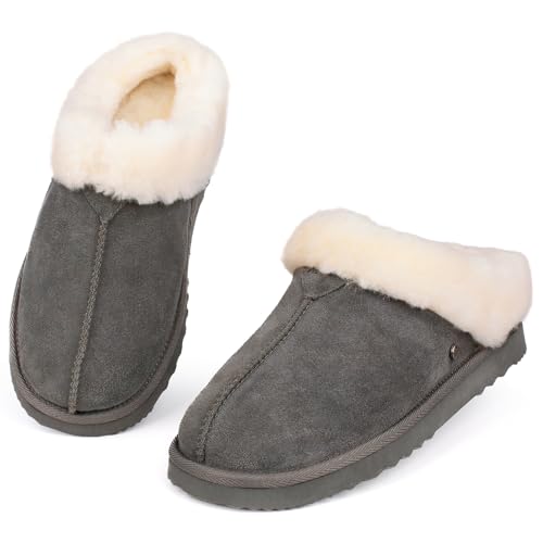 Parfeying Women‘s Real Wool Slippers in Genuine Leather with Anti-Slip Rubber Sole, Warm Indoor Outdoor Shoes with Memory ...