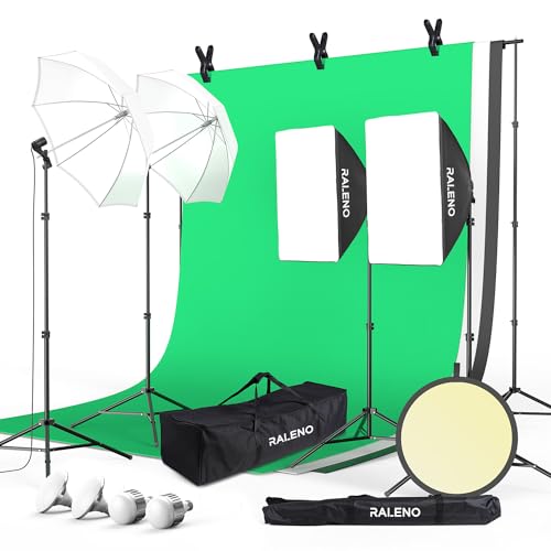 RALENO 8.5 x 10 ft Photo Backdrops Stands with Green Screen, Photography Lighting Kit with 50W LED Bulbs, 5500 K, 97CRI, U...