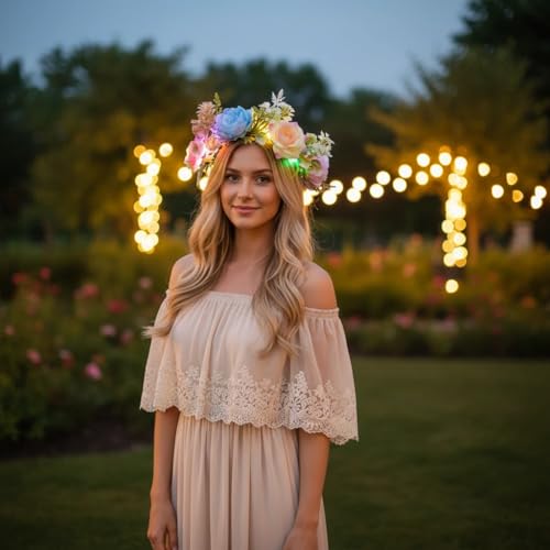 Glowing Flower Headband, Glowing Floral Hair Crown for Music Festival, Rave, Party Favors for Women Girls